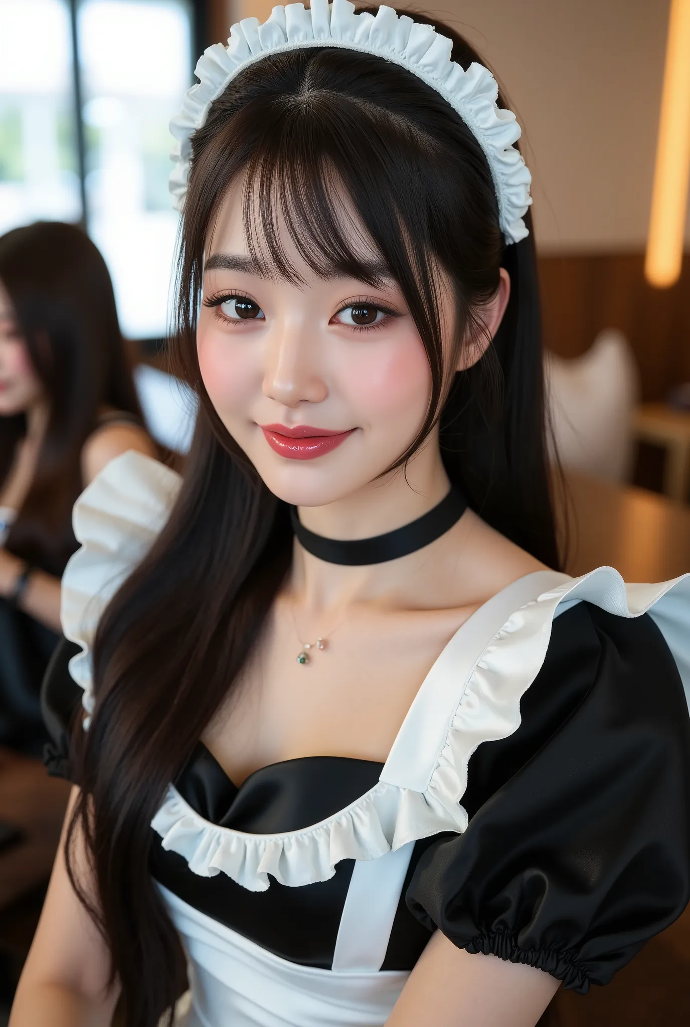 masterpiece, One girl per photo, Upper Body Shot, View from the front, Beautiful korean woman, She is smiling while sitting in a cafe wearing a cute black maid outfit made of short sleeved silk satin., Wearing a white frilly headband, White frilly apron, B...