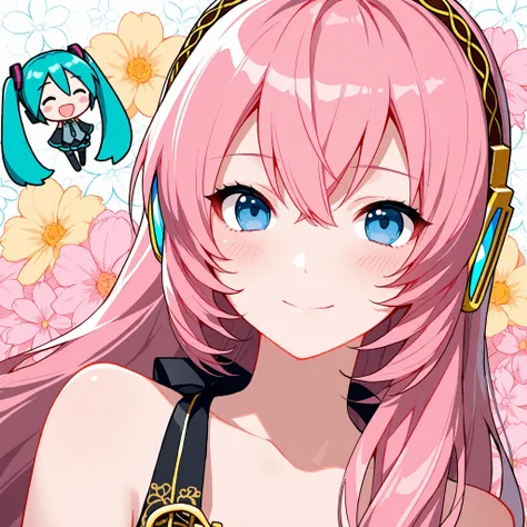 Megurine Luka,Hatsune Miku,HIGH PRECISION CHOICE, long hair, And look  , blush, Smile Yang , top quality, headphones, flower background 