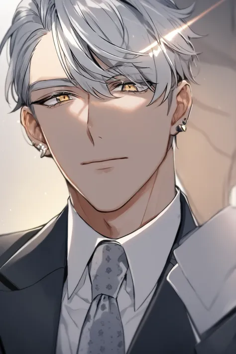 Close-up of a person wearing a suit and tie, delicate and neutral prince, tall anime man with silver hair and golden eyes with piercings,  Handsome Prince , Beautiful Prince of Androgenus, 애니메이션 handsome man, very handsome, Cool anime poses, The shine of s...