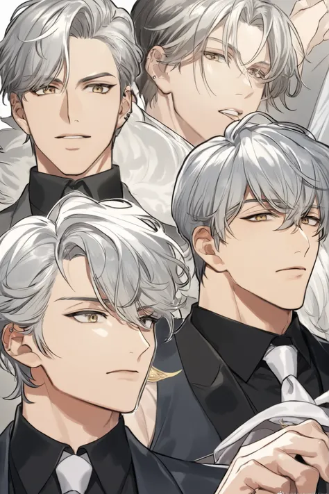 Close-up of a person wearing a suit and tie, delicate and neutral prince, tall anime man with silver hair and golden eyes with piercings,  Handsome Prince , Beautiful Prince of Androgenus, 애니메이션 handsome man, very handsome, Cool anime poses, The shine of s...