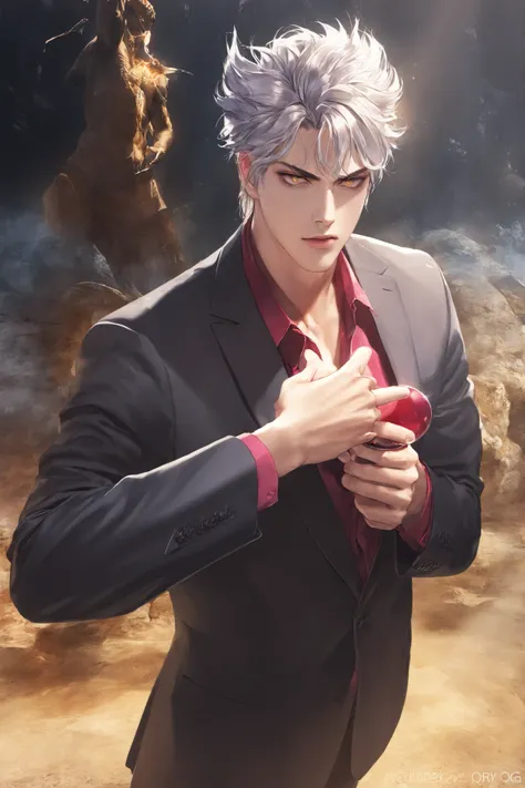 silver hair, golden eyes, Garou, 원펀맨 Garou 초인적 전투 모습, Exquisite Details, Overwhelming power, Realistic 3D rendering, high resolution on the coast, dramatic lighting, colorful colors, fantastic pose, sharp eyes, Explosive muscular body, Strong Atmosphere, E...