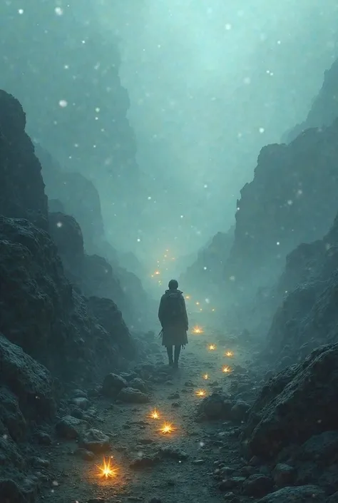 A rocky path amidst a dense fog, onde, conforme se anda, stars appear illuminating the ground — surrealist style with a touch of magical realism, cool colors contrasting with golden lights.