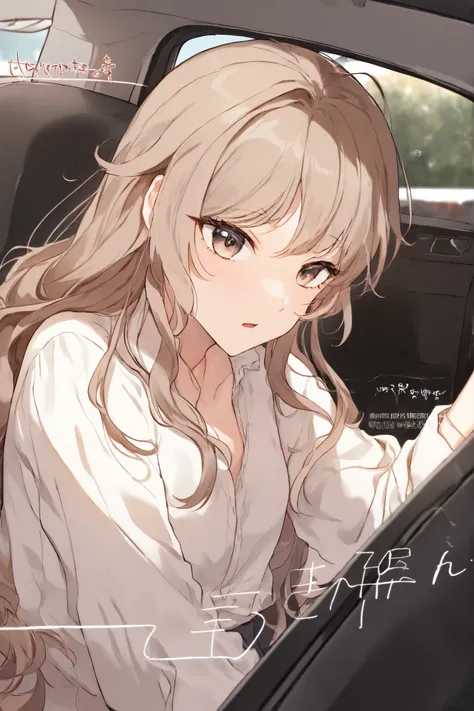 ((1 girl)) ((Cola Bottle Body 2:unset-colored Hair 1:1)) ((Hazelnut Eyes 1:1)) ((cute)) ((beautiful in the car)) ((animations)) ((Boundary)) ((long hair)) ((Curly 1:1)) ((Good full-body ratio)) (( Delicate Expression )) 