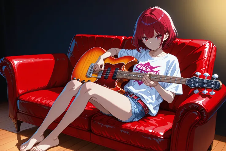 A girl lounging on a red leather sofa, playing a bass guitar. She has short hair with a blend of purple and red, looking languid and relaxed. She wears a graphic print T-shirt and denim hot pants, barefoot. The mood is casual and a bit grungy, with soft li...