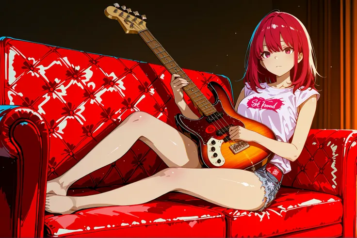 A girl lounging on a red leather sofa, playing a bass guitar. She has medium hair with a blend of purple and red, looking languid and relaxed. She wears a graphic print T-shirt(sleeveless) and denim hot pants, barefoot. The mood is casual and a bit grungy,...