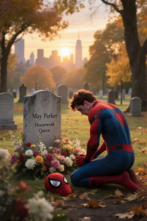 Concept:
(Marvel Spider-Man). A grave for May Parker with Spider-Man kneeling in mourning.

Key Scene:
A beautiful and peaceful cemetery at dusk.
(A headstone reads:
"May Parker" —  "Housework Queen" and is surrounded by fresh flowers.)

(Spider-Man, with his back to the viewer, kneels silently in front of the grave. He has removed his mask, which he now holds in one hand.)
He is wearing his classic red and blue suit, and his messy brown hair is gently blowing in the wind.
He bows his head in grief.

Background:
The setting sun casts a warm golden light through the trees.
The fall of autumn leaves and the distant city skyline.
Beautiful flower arrangements, as a symbol of love.

Style:
Cinematic realism. Emotional, respectful, and deeply personal.
Focuses on lighting, symbolism, and silence.