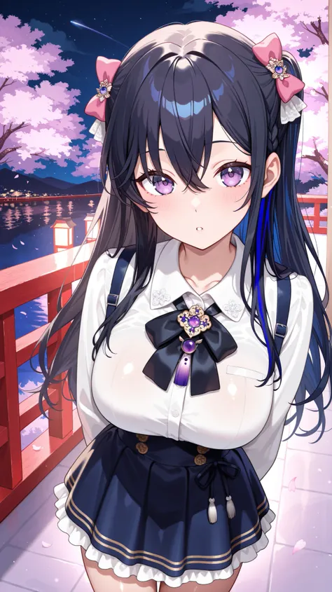 4K, 8K, high quality, highest quality, delicate, clear, super beautiful, girl, 1 person, Ichinose Uruha, Vtuber, black hair, blue mesh, blue-black hair, beautiful, cute, shiny skin, glossy skin, beautiful skin, ((face emphasis)), beautiful breasts, large b...