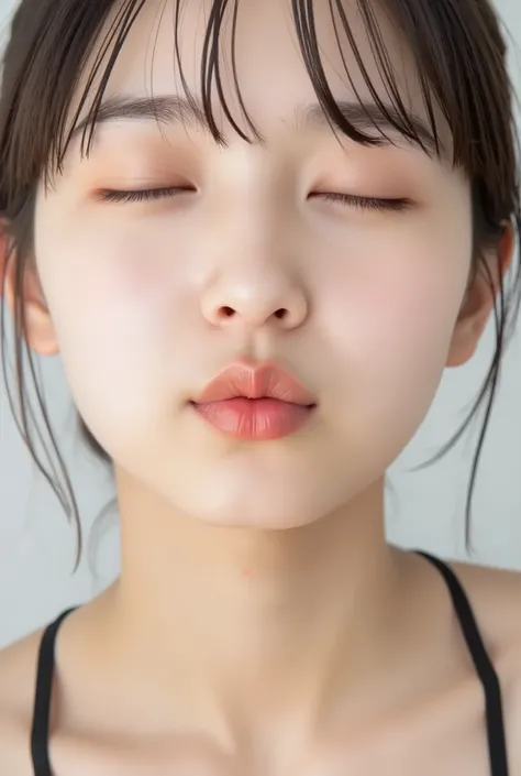 ultra-high-resolution, ultra-realistic close-up portrait of an adorably cute girl, from collarbone up, soft white studio background, perfect studio lighting, 35-degree top-down camera angle, head and body facing forward, chin tilted upward slightly as if s...