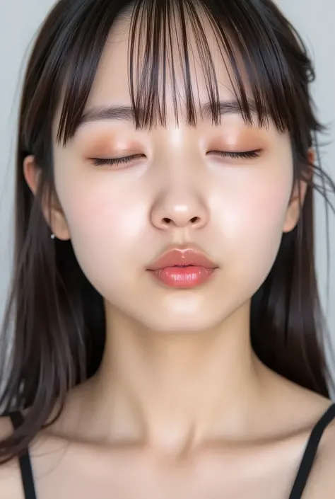 ultra-high-resolution, ultra-realistic close-up portrait of an adorably cute girl, from collarbone up, soft white studio background, perfect studio lighting, 35-degree top-down camera angle, head and body facing forward, chin tilted upward slightly as if s...