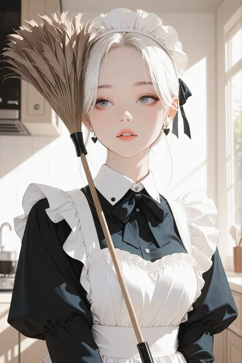 masterpiece,best quality,absurdres,highres,newest,
1girl,solo,korean idol,white hair, over hair eye,K-POP,beautiful,(aegyo sal), upper body, maid uniform, duster holder, duster, 
HDR,8K,high contrast,very aesthetic,high resolution,absurdres,newest,masterpi...
