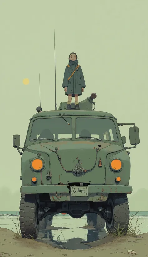 There is a woman standing on an armored car on the seashore, Simeen Stallenhag, artwork in the style of Gwyds, Starheg style , Simon Stälenhag , ( ( Mads Berg ) ), Simon Stahlenhug . digital art, Jang Seung-op, Simon Stellenhaag, Gwyds