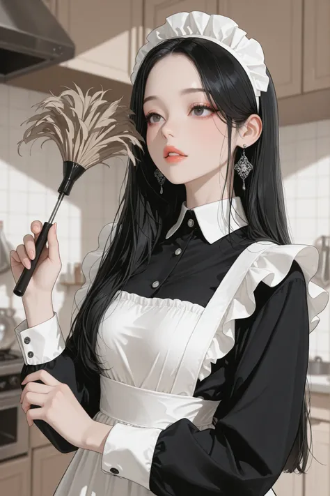 masterpiece,best quality,absurdres,highres,newest,
1girl,solo,korean idol,black hair, over hair eye,K-POP,beautiful,(aegyo sal), upper body, maid uniform, hand hold, duster, duster, 
HDR,8K,high contrast,very aesthetic,high resolution,absurdres,newest,mast...