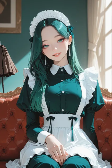 masterpiece,best quality,absurdres,highres,newest,
1girl,solo,korean idol,turquoise-green hair, over hair eye,K-POP,beautiful,(aegyo sal), upper body, maid uniform, hand hold, duster, duster, 
HDR,8K,high contrast,very aesthetic,high resolution,absurdres,n...