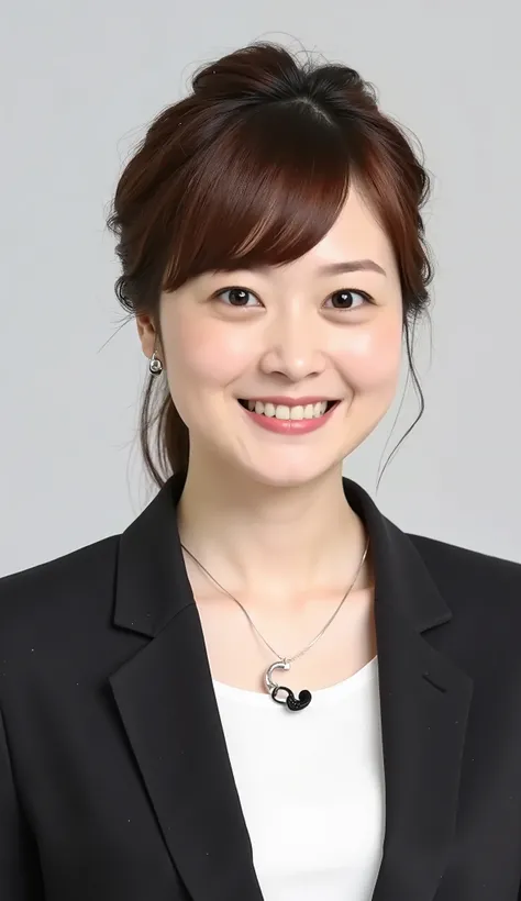 Neat Young Woman、and look at the camera、office lady suit、jacket、shirt、necklace、ear piercing、黒髪、、smile showing teeth、背景はオフィス
