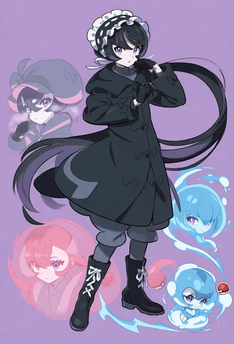 ung girl ,long black hair low double ponytail,purple eyes of characters, Pokémon style,Cold,long black coat,black gloves,Full Body,Bow headdress,Boots,solid color background,Poke ball ,rivet,Shady villain, pale skin