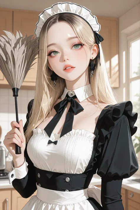 masterpiece,best quality,absurdres,highres,newest,
1girl,solo,korean idol,blonde hair, green eyes, over hair eye,K-POP,beautiful,(aegyo sal), upper body, maid uniform, hand hold, duster, duster, 
HDR,8K,high contrast,very aesthetic,high resolution,absurdre...