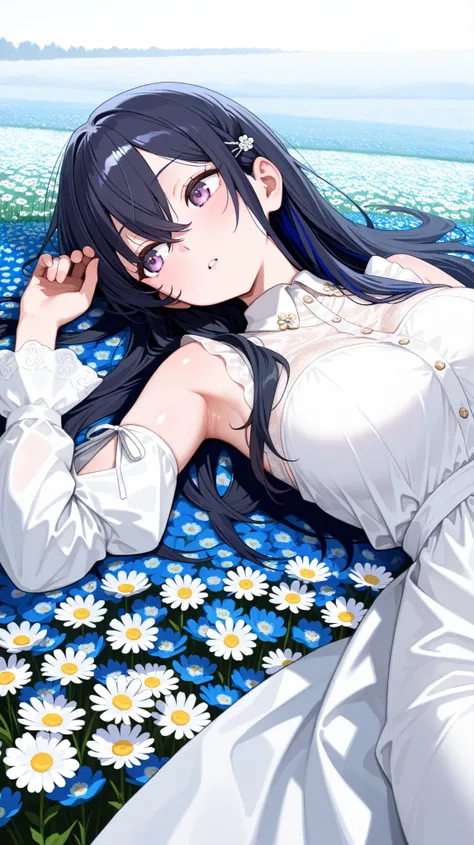 4K, 8K, high quality, highest quality, delicate, clear, super beautiful, girl, 1 person, Ichinose Uruha, Vtuber, black hair, blue mesh, blue-black hair, beautiful, cute, shiny skin, glossy skin, beautiful skin, ((face emphasis)), beautiful breasts, large b...