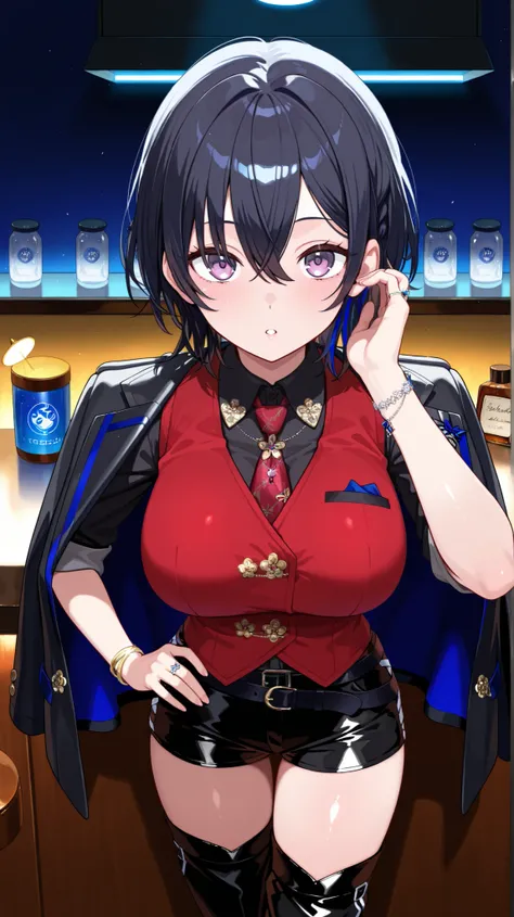 4K, 8K, high quality, highest quality, delicate, clear, super beautiful, girl, 1 person, Ichinose Uruha, Vtuber, black hair, blue mesh, blue-black hair, beautiful, cute, shiny skin, glossy skin, beautiful skin, ((face emphasis)), beautiful breasts, large b...