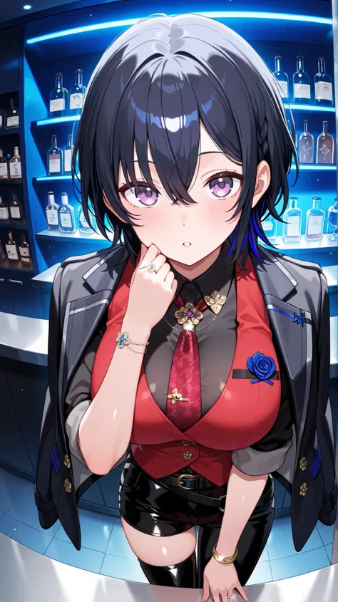 4K, 8K, high quality, highest quality, delicate, clear, super beautiful, girl, 1 person, Ichinose Uruha, Vtuber, black hair, blue mesh, blue-black hair, beautiful, cute, shiny skin, glossy skin, beautiful skin, ((face emphasis)), beautiful breasts, large b...