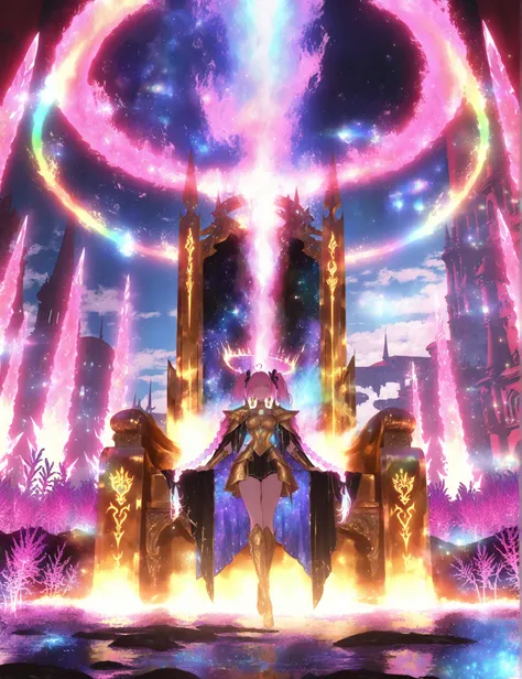 (masterpiece, best quality, ultra-detailed, anime style, 8k, dynamic lighting, centered composition),
a powerful twintail empress standing in the foreground, taking up one-third to half of the frame, facing forward with a commanding gaze,
her massive twin ...