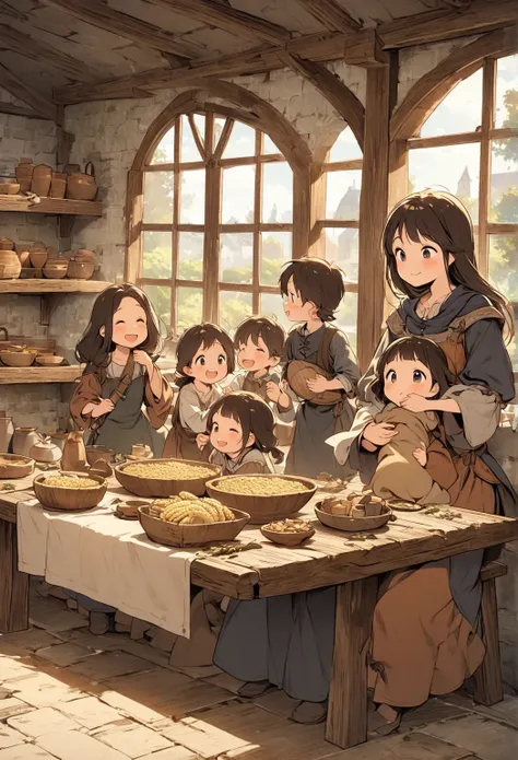 An exciting vertical 2D illustration large rural family, dining inside a medieval European farmhouse. The interior is rustic and cozy, with wooden beams and a high wooden shelf, filled with handmade pottery, clay bowls, simple tools, and dried herbs. Plump, a good-natured mother carries a pot of floating corn soup to a long wooden table, with lots of smiling children sitting in a modest, but clean medieval clothes, I&#39;m looking forward to it. The table contains loaves of bread, simple ceramic cups, and handmade linen napkins. Soft sunlight comes in through a wood-framed window. The mood is pastoral and calm, with warm tones and gentle expressions. The illustration is made by hand in soft, style, similar to illustrations from children's books.