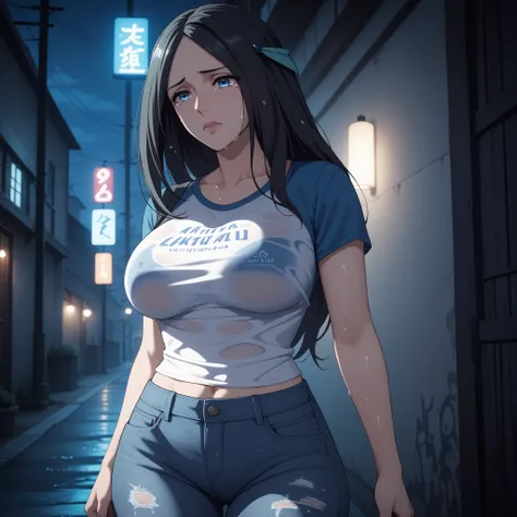Sadina 25 year old , Black hair,   detailed blue eyes ,  sad look, tears, curvy figure and big breasts, blue t-shirt, wet denim pants,  , highlighting her silhouette. .Background of a dark and dirty alleyways at night , warm and soft lighting, highlighting...
