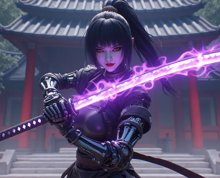 (A cinematic shot of a beautiful asian female cyborg, detailed face features, black hair, robotic arms, robotic legs, holding a purple glowing katana by the handle in attacking pose, purple fire around the katana blade, best quality, amazing details, templ...