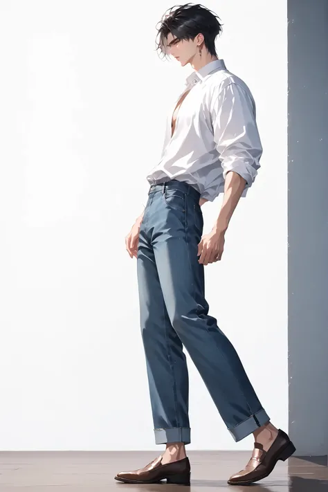    male, solo, Full Body, facing sideways, Late 20s, long bangs, short black hair, white shirt and denim pants,  shirt is oversized ,  denim pants are just the right size, The hem of the pants doesn't fold back, The pants have a straight hem, the front and...