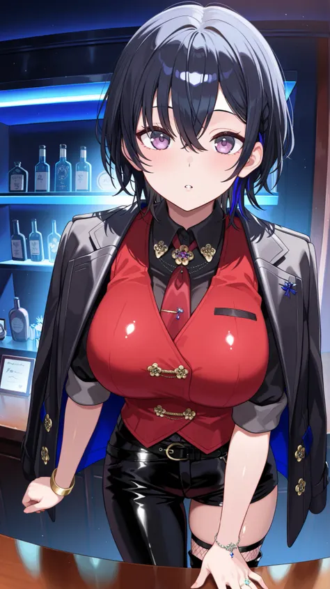 , 4K, 8K, high quality, highest quality, delicate, clear, super beautiful, girl, 1 person, Ichinose Uruha, Vtuber, black hair, blue mesh, blue-black hair, beautiful, cute, shiny skin, glossy skin, beautiful skin, ((face emphasis)), beautiful breasts, large...