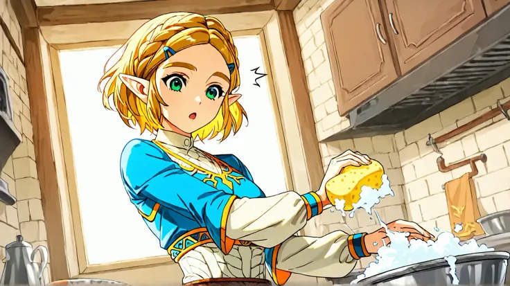 1girl, princess zelda, battle uniform, kitchen background, she is holding an sponge, Washing dishes, battle pose, link on beheind, he is holding more plates, she is surprised, he is desconsetrating, masterpiece, score_9, score_8_up, score_7_up, high resolu...