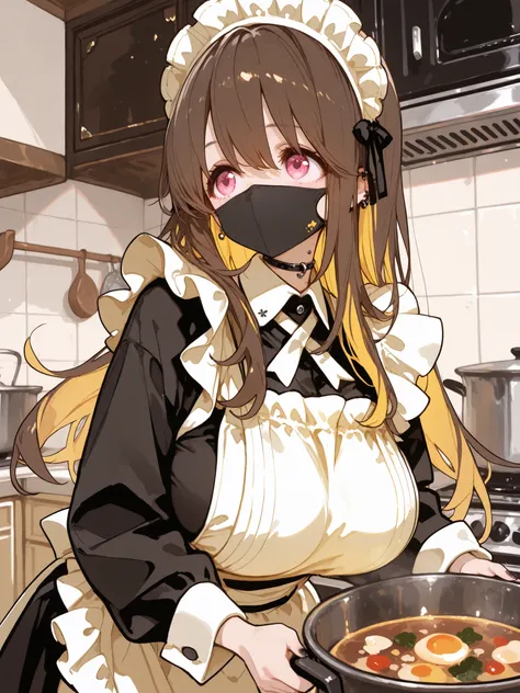 Japanese Women, masterpiece,  top quality,  complicated details, high resolution, 1 woman in the body, 
long hair, もみあげのlong hair型, flipped out ends hair, brown hair, golden inner color,  
pink eyes, Kind Eyes, (tareme:1 . 2), , Black Mask, large breast, c...