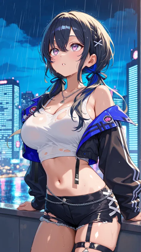 4K, 8K, high quality, highest quality, delicate, clear, super beautiful, girl, 1 person, Ichinose Uruha, Vtuber, black hair, blue mesh, blue-black hair, beautiful, cute, shiny skin, glossy skin, beautiful skin, ((face emphasis)), beautiful breasts, large b...