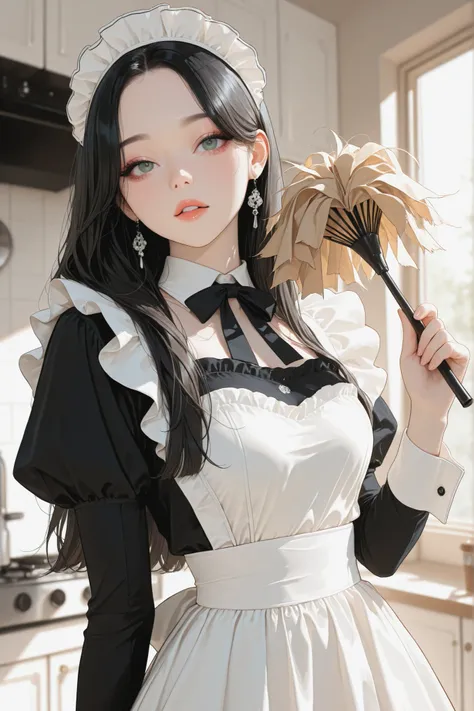 masterpiece,best quality,absurdres,highres,newest,
1girl,solo,korean idol,black hair, green eyes, over hair eye,K-POP,beautiful,(aegyo sal), upper body, maid uniform, hand hold, duster, duster, 
HDR,8K,high contrast,very aesthetic,high resolution,absurdres...