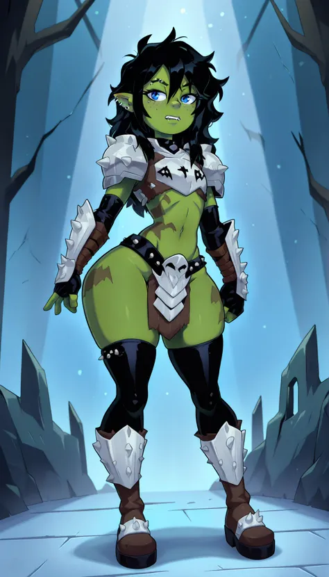 Original Characters, OC, Orc Femboy, Orc Boy, Green Skin, Orc Fangs greatness, Youthful face, solo, boy, Black hair, medium length hair, messy hair, blue eyes, long eyelashes, beautiful eye style, beautiful face styles, OC, Slim, Narrow waist, Very Huge hi...