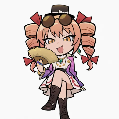 sticker, chibi, from front, looking at viewers, upper body,
yorigami jo'on, 1girl, solo, orange hair, drill hair, twin drills,, black hat, eyewear on head, hair bow, red bow, jewelry, white dress, purple jacket, necklace, holding fan, laughing, crossed leg...