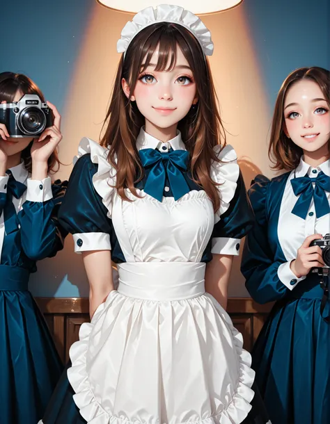 Gobo lighting, maid costume, brown hair, Navy blue bow tie, cameras,kind smile