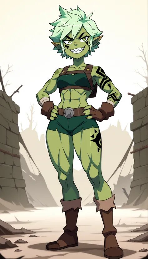 absurdrez, masterpiece, 4k, extreme detail, extremely muscular goblin tomboy, big grin, brash, confident, horny, sexy, light green skin, pointy ears, green eyes, short length messy green punk hair, small breasts, many tattoos, face tattoo, sharp teeth, 1gi...