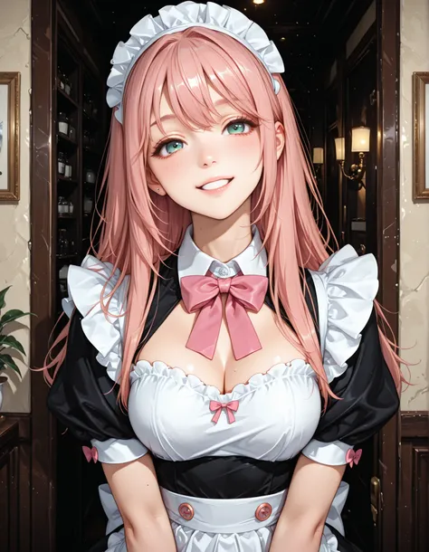 Gobo lighting, maid costume, Pink hair, PINK BOW TIE,looking at this,Tilt your neck slightly and smile