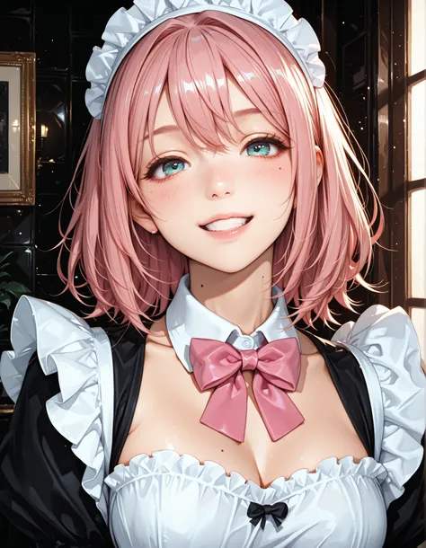 Gobo lighting, maid costume, Pink hair, PINK BOW TIE,looking at this,Tilt your neck slightly and smile