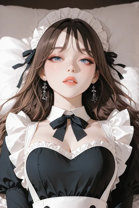 masterpiece,best quality,absurdres,highres,newest,
1girl,solo,korean idol,brown hair, blue eyes, over hair eye,K-POP,beautiful,(aegyo sal), upper body, maid uniform, grab pillow, bed, pillow, 
HDR,8K,high contrast,very aesthetic,high resolution,absurdres,n...