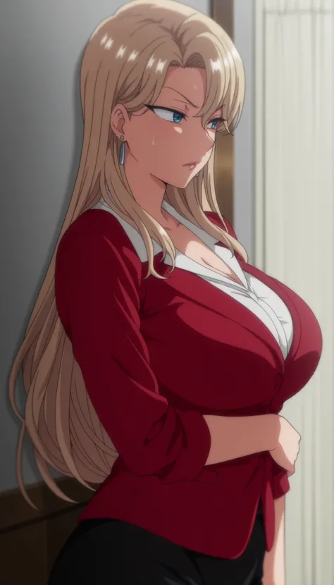 1girl,solo,mm,mature female,long hair,blonde hair,earrings,blue eyes,large breasts,anime coloring,
,masterpiece,best quality,amazing quality, arm on hip, blow view