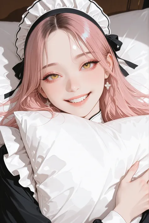 masterpiece,best quality,absurdres,highres,newest,
1girl,solo,korean idol,pink hair, yellow eyes, over hair eye,K-POP,beautiful,(aegyo sal), upper body, maid uniform, bed, 
HDR,8K,high contrast,very aesthetic,high resolution,absurdres,newest,masterpiece,be...