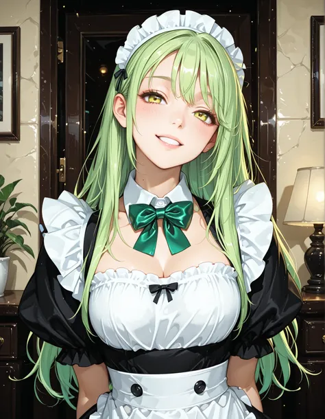 Gobo lighting, maid costume, Lime Green Hair, Lime green bow tie,looking at this,tilt your neck slightly and smile