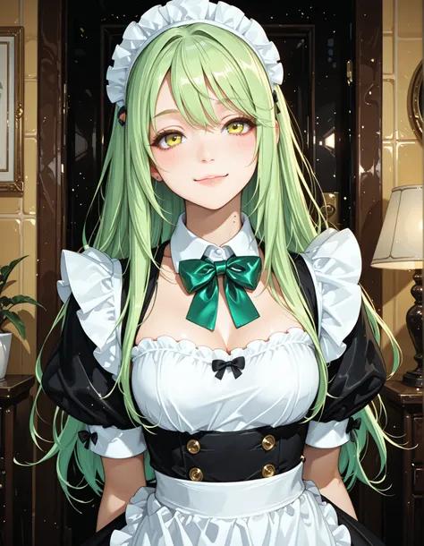 Gobo lighting, maid costume, Lime Green Hair, Lime green bow tie,looking at this,tilt your neck slightly and smile