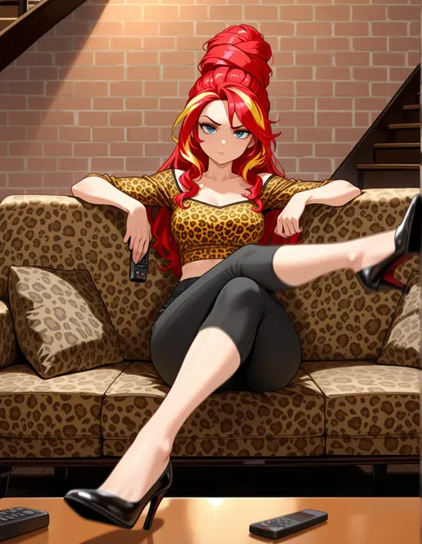 Sunset shimmer as Peggy Bundy, solo, long hair, hair in a beehive hairstyle, leopard print top, tight capri pants, high heels, sitting with her legs crossed, kicking her foot, motion blur, sitting on a floral print couch, indifferent expression, tv remote control in her hand, looking at viewer, facing viewer, view from straight on, messy cluttered coffee table in the foreground, stairs and a brick wall in the background