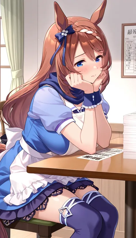 side view、1 woman in the body, Uma Musume's Super Creek（ blue dress ,Apron、 Uma Musume at Work , Horse Tail , blue hair bow , blue scarf , blue wrist cuffs , blue thigh high socks）､sit on a chair、 Household account book on the table，Sad Eyes、Troubled Face､troubled face､holding a receipt in one hand，place one hand on your face、 slightly raised front ,  soft writing, home interior decoration,  Close Range,  Super Detailed, masterpiece, best quality, 