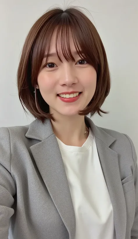 Neat Young Woman、and look at the camera、office lady suit、jacket、shirt、necklace、ear piercing、黒髪、、smile showing teeth、背景はオフィス