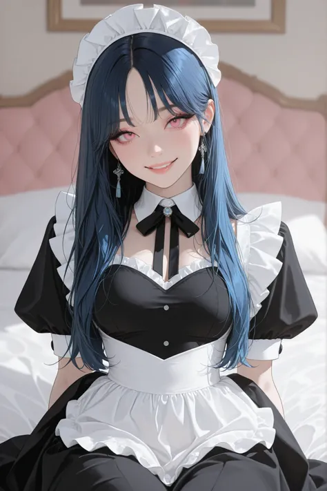 masterpiece,best quality,absurdres,highres,newest,
1girl,solo,korean idol,blue hair, pink eyes, over hair eye,K-POP,beautiful,(aegyo sal), upper body, maid uniform, bed, 
HDR,8K,high contrast,very aesthetic,high resolution,absurdres,newest,masterpiece,best...