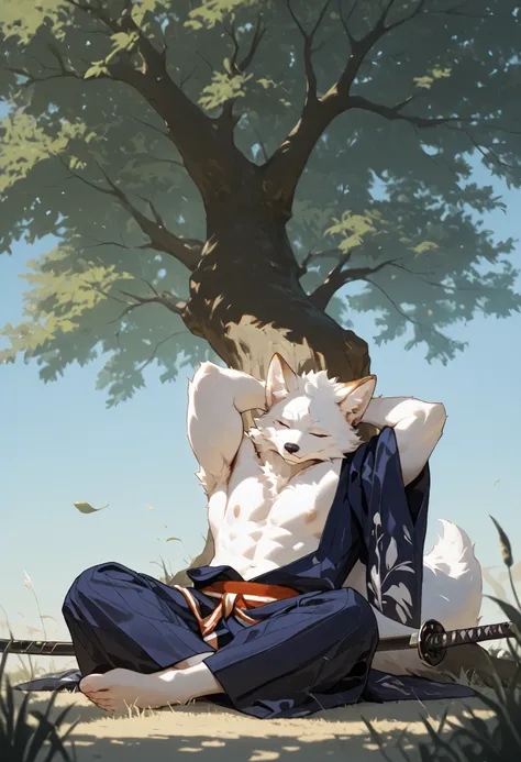 realistic, real shadow and light,depth of field, Athletic body, commission for high res, anthropomorphic, there is a White Fox, White fur, fluffy, furry, pointy nose, topless, slim body, half naked samurai yukata, dark blue yukata, katana, sitting pose, na...