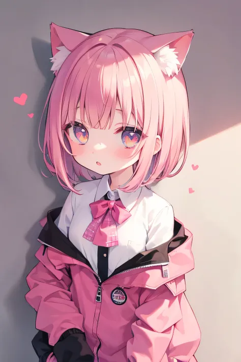 nsfw、 transparent pink short hair、 oversized jacket 、 The color depicted on the giant 、elementary school student 、 small breasts、is very beautiful、shining eyes 、Cat ears、(((((small body)))))、hearts❤